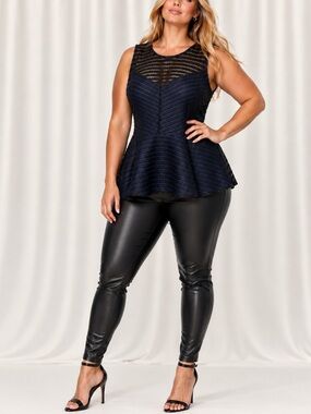 City Chic XXL Black & Royal Blue Mesh Stripe Peplum Top | Sheer Detail (1313)